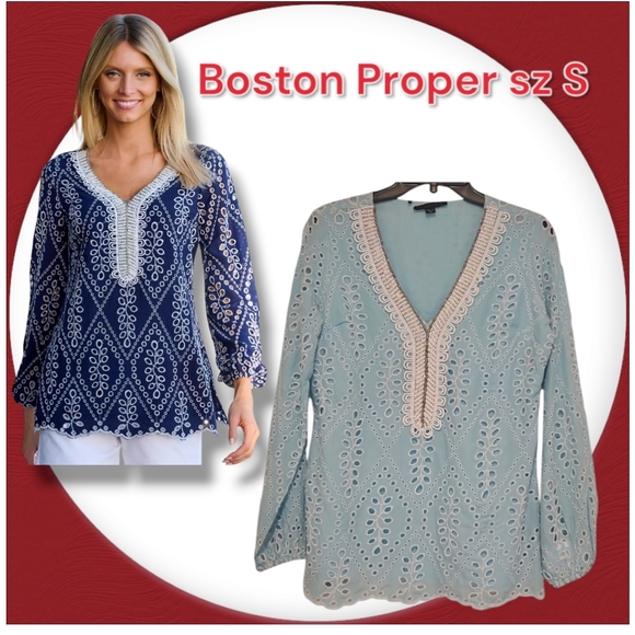 Boston Proper Eyelet Embellished Long Sleeve Embellished Tunic Blue Top - Picture 1 of 9